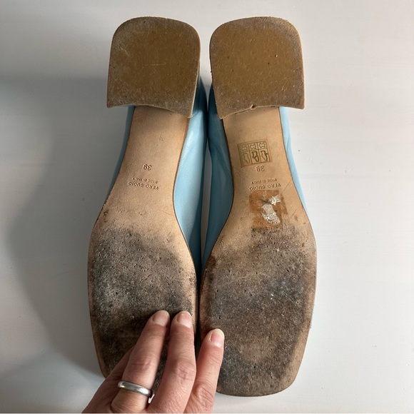 SCARLET Made in Italy, Low Block Heel, Leather, Baby Blue, Buckle Detail, Sz 8.5 - Picture 8 of 11